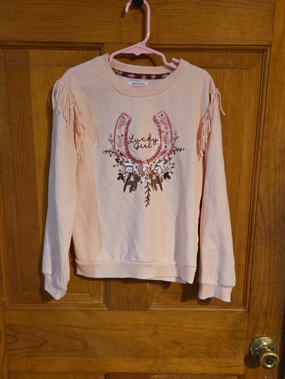 Haute Hippie Light Pink Fringe Sweatshirt with Horseshoe Motif